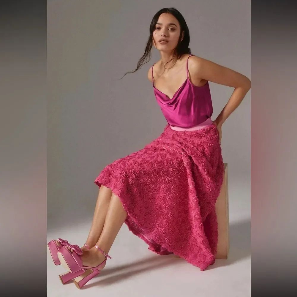 Maeve X Anthropologie Small Floral 3D Appliqué Pink Skirt Small